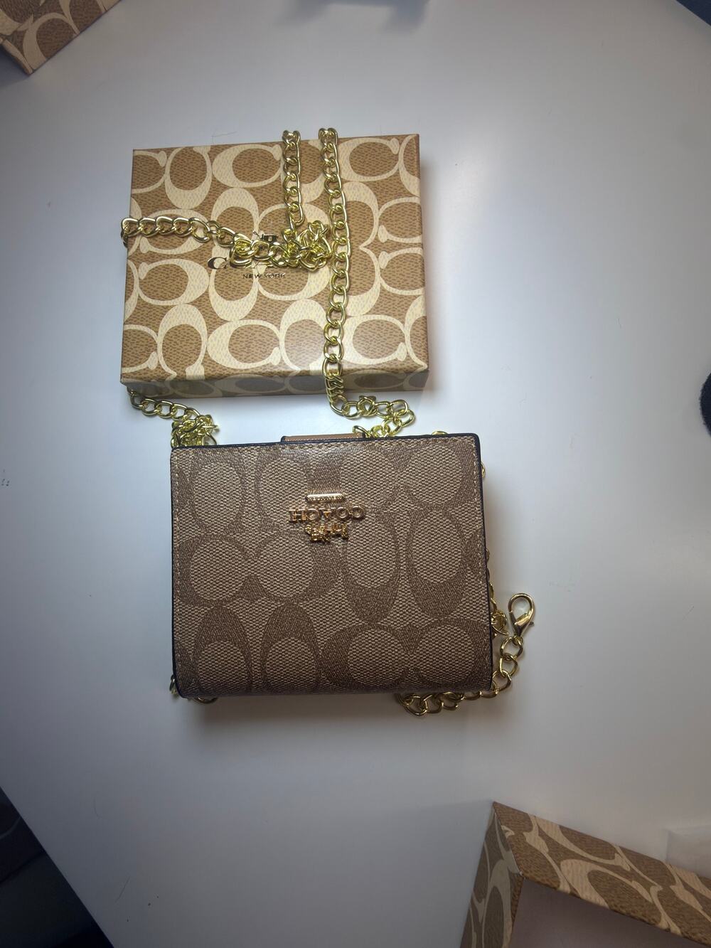 Coach Signature Chain Crossbody Wallet | Khaki & Brown Designer Mini Bag